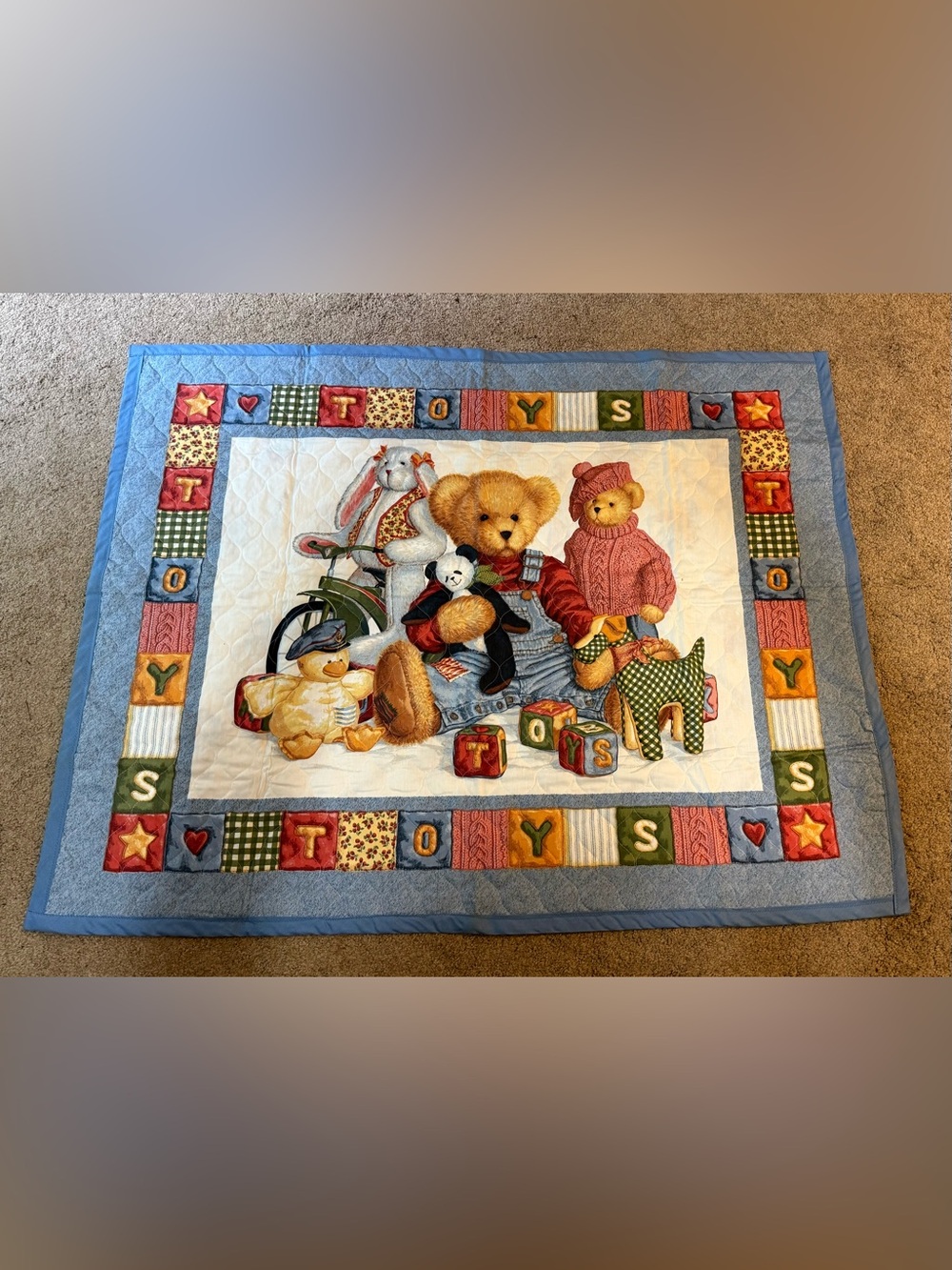 Vintage 90s Handcrafted Daisy Kingdom Blue Jean TeddyBear Baby Quilt WallHanging